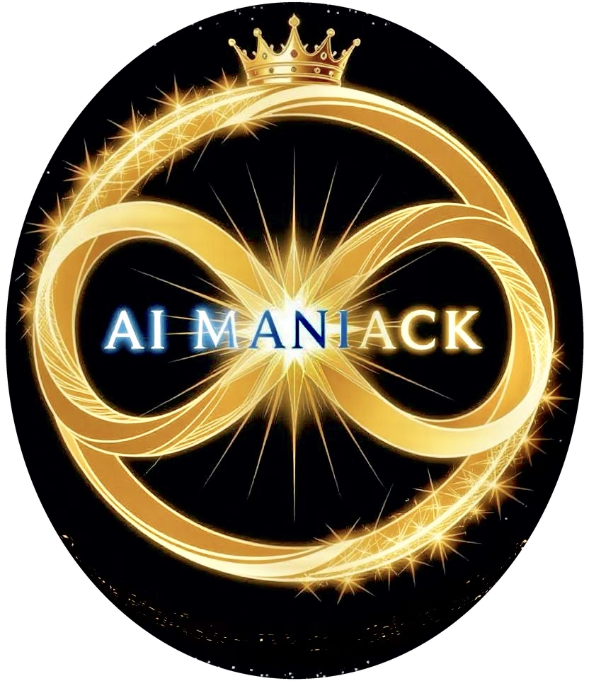 AI MANIACK emblem: a golden infinity ring beneath a crown